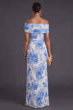 Floral Blue Off the Shoulder Mermaid Long Formal Dress with Slit