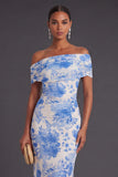 Floral Blue Off the Shoulder Mermaid Long Formal Dress with Slit