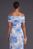 Floral Blue Off the Shoulder Mermaid Long Formal Dress with Slit