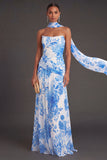 A Line Strapless Blue Floral Long Formal Dress with Neck Scarf