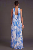 A Line Strapless Blue Floral Long Formal Dress with Neck Scarf