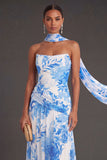 A Line Strapless Blue Floral Long Formal Dress with Neck Scarf