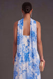 A Line Strapless Blue Floral Long Formal Dress with Neck Scarf