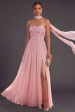 Pink Floral A Line Strapless Appliqued Long Formal Dress with Slit