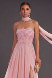 Pink Floral A Line Strapless Appliqued Long Formal Dress with Slit
