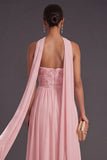 Pink Floral A Line Strapless Appliqued Long Formal Dress with Slit