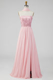 Pink Floral A Line Strapless Appliqued Long Formal Dress with Slit