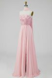 Pink Floral A Line Strapless Appliqued Long Formal Dress with Slit