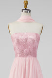 Pink Floral A Line Strapless Appliqued Long Formal Dress with Slit