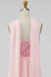 Pink Floral A Line Strapless Appliqued Long Formal Dress with Slit