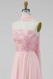 Pink Floral A Line Strapless Appliqued Long Formal Dress with Slit