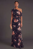 Ruched Floral A Line Ivory Long Formal Dress with Slit