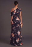 Ruched Floral A Line Ivory Long Formal Dress with Slit