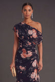Ruched Floral A Line Ivory Long Formal Dress with Slit