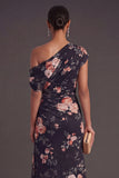 Ruched Floral A Line Ivory Long Formal Dress with Slit