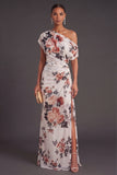 Ruched Floral A Line Ivory Long Formal Dress with Slit