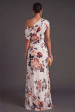 Ruched Floral A Line Ivory Long Formal Dress with Slit
