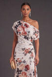 Ruched Floral A Line Ivory Long Formal Dress with Slit