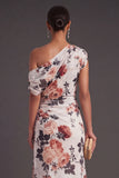 Ruched Floral A Line Ivory Long Formal Dress with Slit