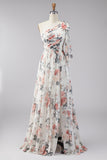 One Shoulder Ivory Floral A Line Long Formal Dress with Slit