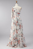 One Shoulder Ivory Floral A Line Long Formal Dress with Slit