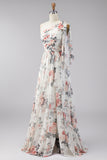 One Shoulder Ivory Floral A Line Long Formal Dress with Slit