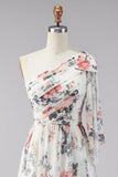 One Shoulder Ivory Floral A Line Long Formal Dress with Slit