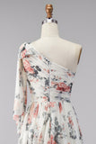 One Shoulder Ivory Floral A Line Long Formal Dress with Slit