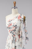 One Shoulder Ivory Floral A Line Long Formal Dress with Slit