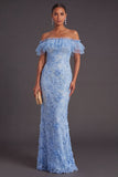 Blue Ruffled Floral Mermaid Appliqued Long Formal Dress