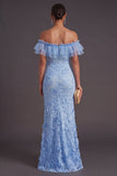 Blue Ruffled Floral Mermaid Appliqued Long Formal Dress
