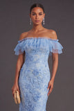 Blue Ruffled Floral Mermaid Appliqued Long Formal Dress