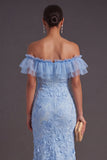 Blue Ruffled Floral Mermaid Appliqued Long Formal Dress