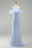 Blue Ruffled Floral Mermaid Appliqued Long Formal Dress
