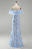Blue Ruffled Floral Mermaid Appliqued Long Formal Dress