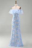 Blue Ruffled Floral Mermaid Appliqued Long Formal Dress