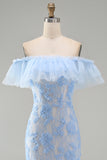 Blue Ruffled Floral Mermaid Appliqued Long Formal Dress