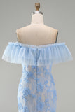 Blue Ruffled Floral Mermaid Appliqued Long Formal Dress