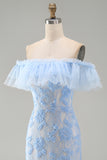 Blue Ruffled Floral Mermaid Appliqued Long Formal Dress
