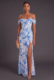 Blue Floral Mermaid Ruched Long Formal Dress with Slit