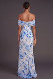 Blue Floral Mermaid Ruched Long Formal Dress with Slit