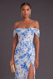 Blue Floral Mermaid Ruched Long Formal Dress with Slit