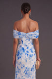 Blue Floral Mermaid Ruched Long Formal Dress with Slit