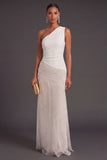 White Black Dots One Shoulder Mermaid Ruched Long Formal Dress