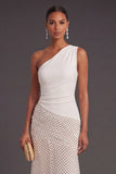 White Black Dots One Shoulder Mermaid Ruched Long Formal Dress