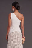 White Black Dots One Shoulder Mermaid Ruched Long Formal Dress