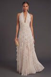 White Black Dots A Line Halter Neck Long Formal Dress