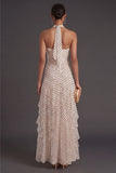 White Black Dots A Line Halter Neck Long Formal Dress