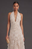 White Black Dots A Line Halter Neck Long Formal Dress