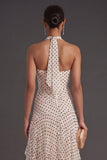 White Black Dots A Line Halter Neck Long Formal Dress